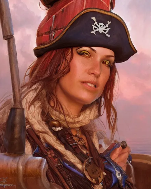 Image similar to female pirate on ship, cover page very intricate | cinematic lighting | award - winning | closeup portrait | by donato giancola and mandy jurgens and charlie bowater | featured on artstation