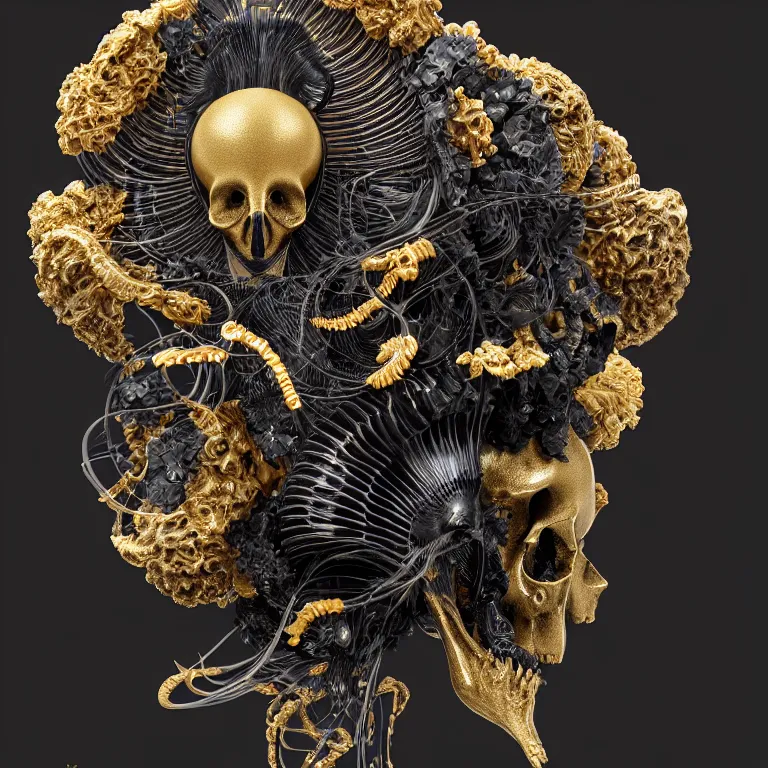 Image similar to black background. absolutely symmetrical sculpture. centered. goddess princess face close-up portrait ram skull. sculpture made of gold and black charcoal. jellyfish phoenix head, nautilus, orchid, skull, betta fish, bioluminiscent creatures, intricate artwork by Tooth Wu and wlop and beeple. octane render, trending on artstation, greg rutkowski very coherent symmetrical artwork. cinematic, hyper realism, high detail, octane render, 8k