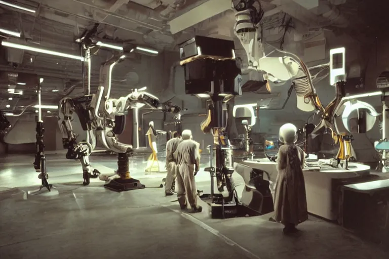 Image similar to a futuristic film studio with robot technicians preparing a scene by Stanley kubrick, sci-fi, color vibe, reimagined by industrial light and magic