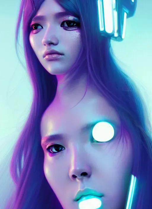 Image similar to photorealistic portrait of futuristic oriental female humanoid with freckle cheeks, cyber neon lightings, cyberpunk high fashion, elegant pose, intricate details, crispy quality, digital photography, trending in artstation, trending in pinterest, no watermark signature, cinematic, 4 k ultra hd, art by artgerm, art by greg rutkowski, art by pascal blanche