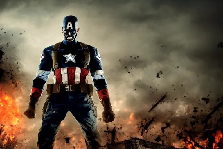 Image similar to film still of zombie zombie Captain America as a zombie in new avengers movie, 4k