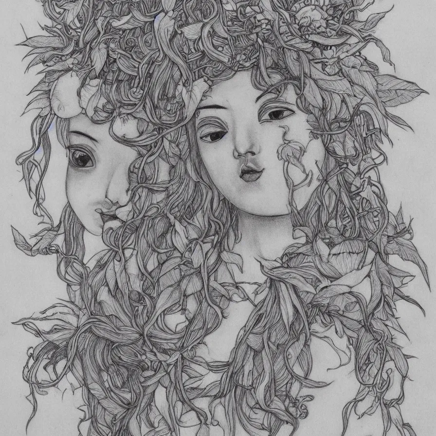 Prompt: east-asian female sunflower deity gray face pointy ears long beard with vines as hair hibiscus flowers detailed drawing