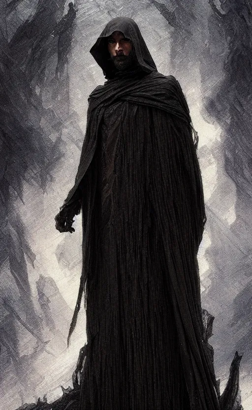 Prompt: Thin roguish man wearing a black cloak made of very thousands of thin strips of cloth that decay into mist, fantasy, highly detailed, digital painting, artstation, concept art, smooth, sharp focus, illustration, art by artgerm and greg rutkowski and alphonse mucha