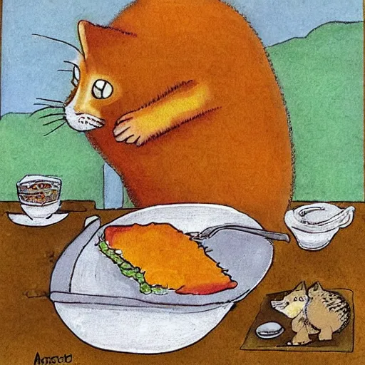 Image similar to fat orange cat on a table with lasagna by maurice sendak