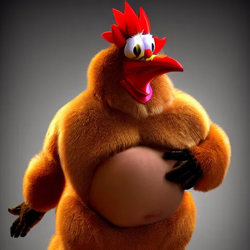 Prompt: an anthropomorphic furry rooster, muscule monster, fat belly, obese, belly, vivid colors, 8 k, hd