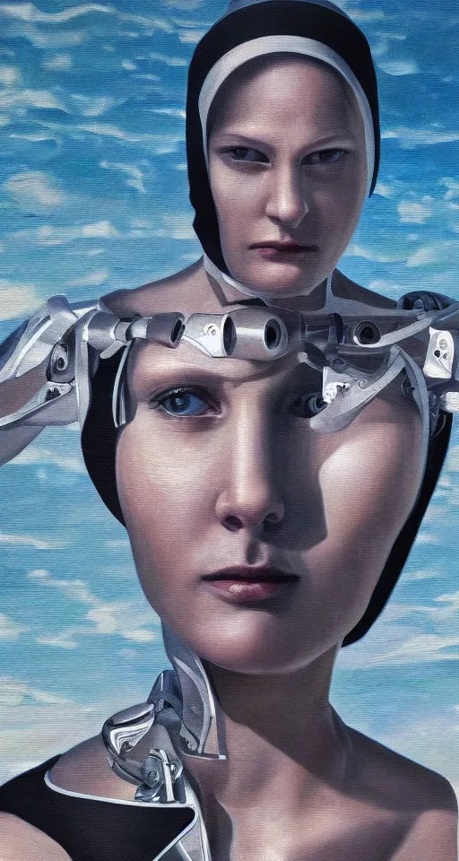 Prompt: hyperrealism oil painting, close-up portrait of nun fashion model cyborg, ocean pattern mixed with star sky, in style of classicism
