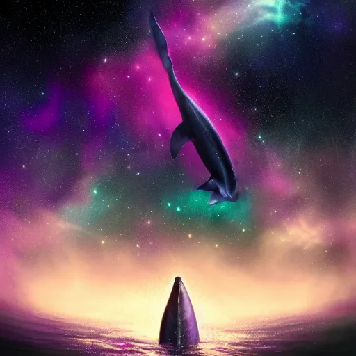 Image similar to portrait of whale swimming on a dark night sky, swimming across the universe, nebulae, purple and blue, galaxies, oniric, dreamy, beautiful, highly detailed, cinematic, dynamic composition, trending on artstation