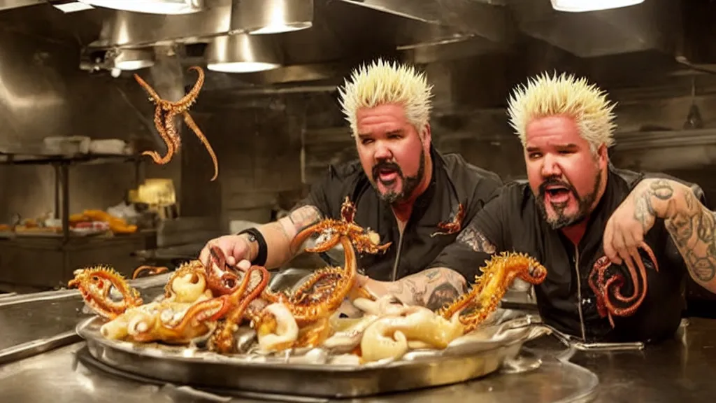 Prompt: guy fieri, turning into an eldritch horror monster, with tentacles, in a restaurant kitchen, film still from the movie directed by denis villeneuve with art direction by salvador dali