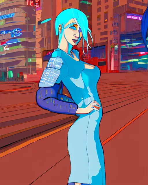 Image similar to cel shaded art of a pretty blue haired girl wearing a dress, cyberpunk city street background