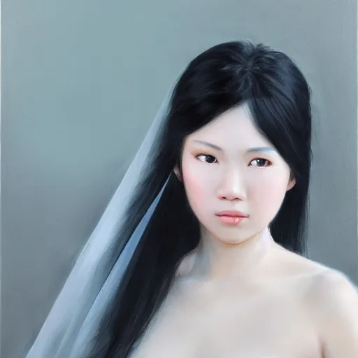 Prompt: Asian girl, watery black eyes, long wavy black hair, white veil, front closeup, highly detailed, centered, oil painting, artstation, concept art by Tran Ross