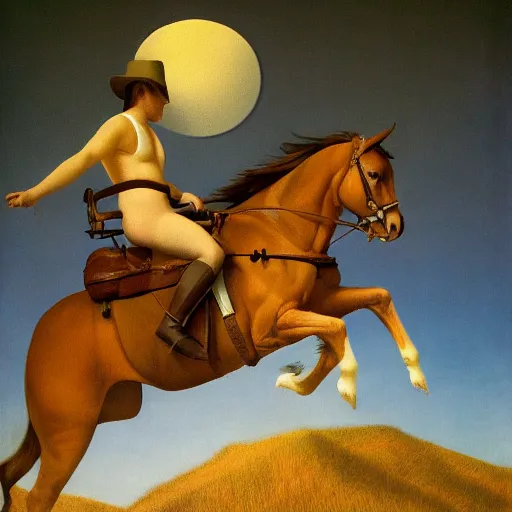 Image similar to a horse-riding-adventure by Raphael, Hopper, and Rene Magritte. detailed, romantic, enchanting, trending on artstation.