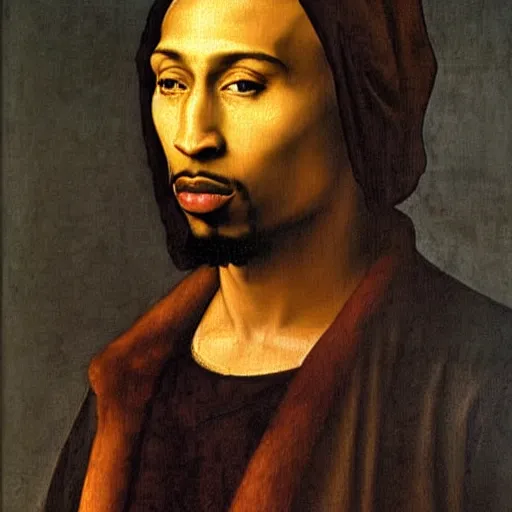 Prompt: A Renaissance portrait painting of Tupac Shakur by Giovanni Bellini and Leonardo da Vinci. Tupac