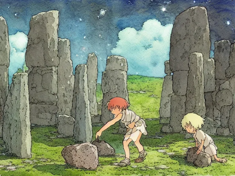 Prompt: a simple watercolor studio ghibli movie still fantasy concept art of a giant medieval kid playing with stones like they are toys in a tiny stonehenge. it is a misty starry night. by rebecca guay, michael kaluta, charles vess