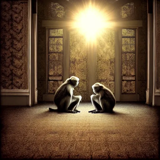 Image similar to two macaques looking at each other inside victorian mansion, digital art, soft shadows, creepy art, sun flare