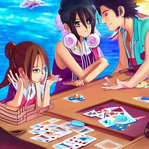 Image similar to aoi asahina from danganronpa, a tanned japanese girl with hair in a high ponytail, and percy jackson playing go fish under the ocean, beautiful digital art