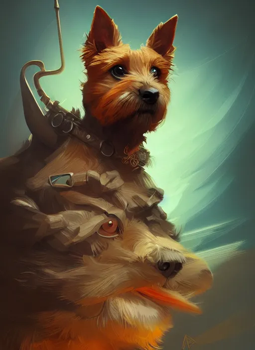 Image similar to norwich terrier as an wizard, backround dark, highly detailed, digital illustration, trending in artstation, modern painting, smooth, sharp focus, intricate, by peter mohrbacher