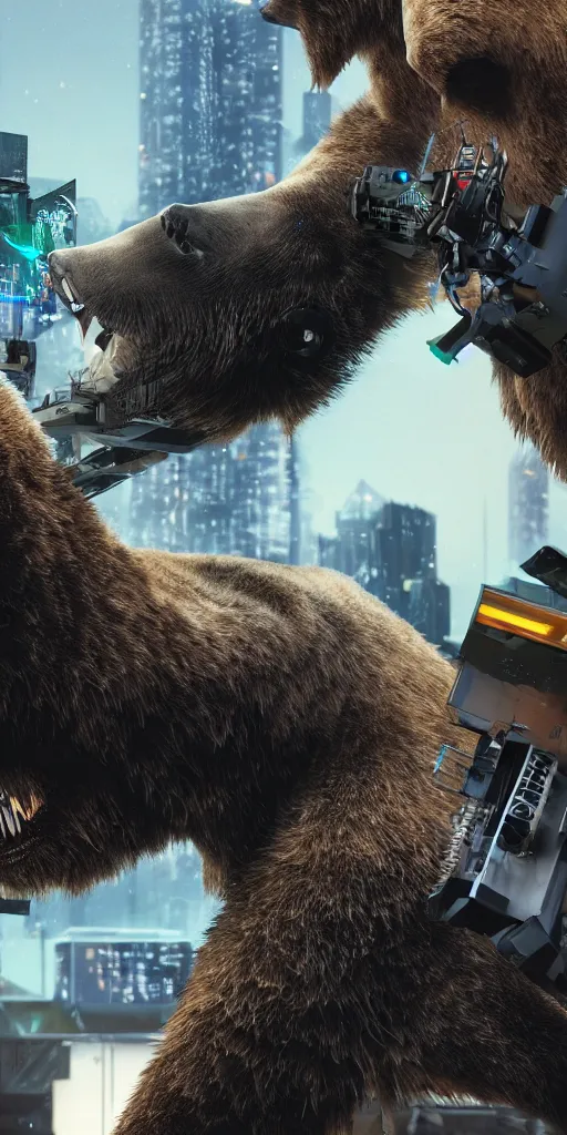 Image similar to a cyborg grizzly bear dj mixing records on stage, photorealistic, highly detailed, illustration, lifelike, highly detailed, intricate, octane render, sharp focus, cyberpunk