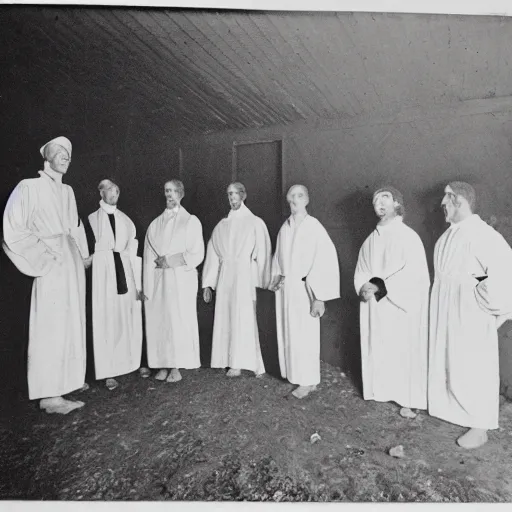 Prompt: worshippers dressed in robes belonging to the cult of the lighthouse. Dilapidated 1800s lighthouse. Unnaturally tall lighthouse. Beacons of light. 1800s photo.