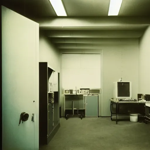 Image similar to noisy color photograph of a retrofuturist Backrooms, laboratory, dark corners, minimalist, cinematic, soft vintage glow