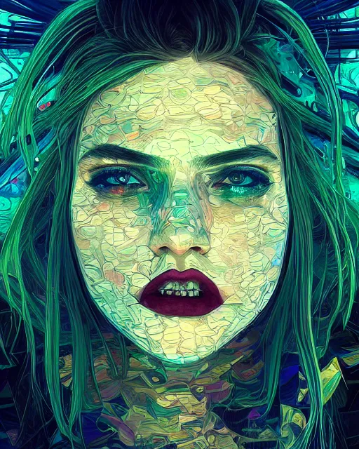 Image similar to glitch art close up portrait vampire, glitches, vaporwave, highly detailed, very intricate, graphical errors, neon glitch, chromatic aberration, harsh lighting, award - winning, unreal engine 5, illustration by mandy jurgens and alphonse mucha and alena aenami, glitch color palette, featured on artstation