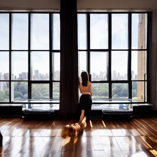 Prompt: modern loft overlooking the sun rising on central park, jenna haze waiting in bed