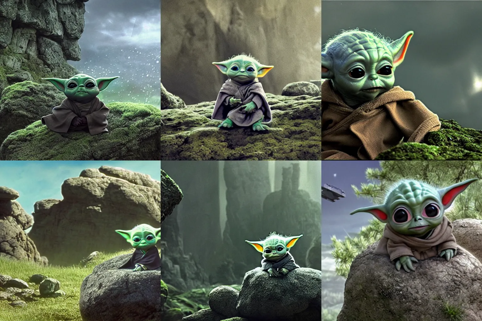 Prompt: an extremely cute (baby yoda) sitting on lichen covered ancient boulders in the far background up in the sky an outline of Darth Vader's TIE fighter approaches, movie still, promotional image, imax 70 mm footage