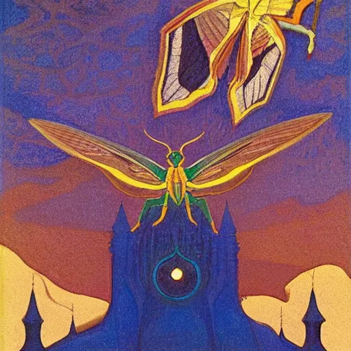 Prompt: the moth kingdom, by leo and diane dillon and nicholas roerich, dramatic lighting, god rays, smooth, sharp focus, highly detailed