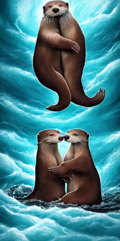 Image similar to An adorable Otter saving his wife from the whirlpool, in love holding hands side by side, in the middle of a super scary storm at sea, thunder, lightning, waves, fantasy illustration, cinematic, award winning, romantic, detailed trending on artstation, masterpiece