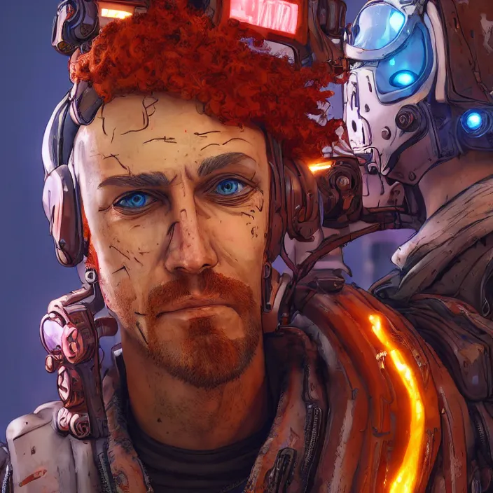 Image similar to cyberpunk portrait of curly orange hair man from borderlands 3, au naturel, hyper detailed, digital art, trending in artstation, cinematic lighting, studio quality, smooth render, unreal engine 5 rendered, octane rendered, art style by klimt and nixeu and ian sprigger and wlop and krenz cushart.