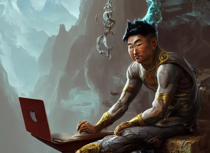 Image similar to an insanely detailed painting of an asian man wearing a homemade superhero costume, sitting at a desk, staring seriously at the computer and typing, in the style of peter mohrbacher, james jean, dramatic lighting and composition, surreal background, octane render, pixar, trending on artstation, concept art, comic book, view from behind, 8 k