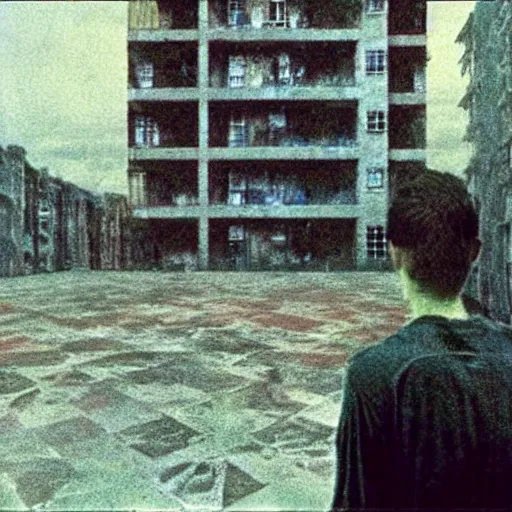 Image similar to 3 5 mm color photography, glitch, joel - peter witkin, beksinski, and stephen gammell, video still of apartment block