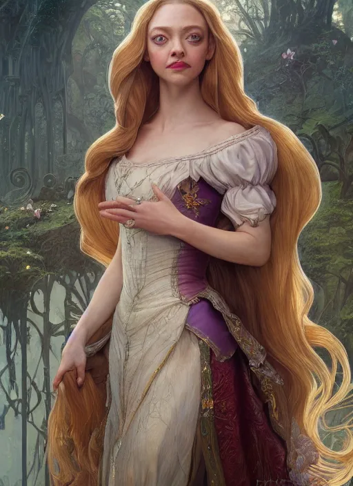 Image similar to amanda seyfried as the rapunzel princess, d & d, fantasy, intricate, elegant, highly detailed, digital painting, artstation, concept art, matte, sharp focus, illustration, art by artgerm and greg rutkowski and alphonse mucha, masterpiece, stunning, artstation