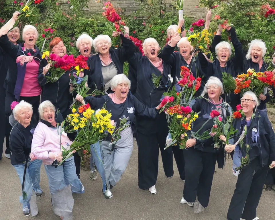 Image similar to a gang of old ladies waving flowers and pitch-forks, and wearing track suits laughing maniacally and screaming