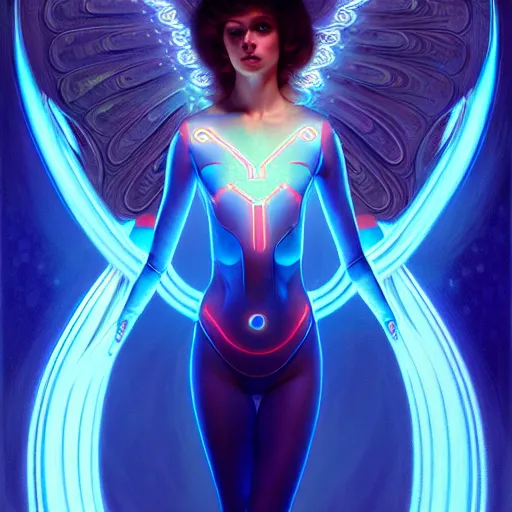 Image similar to tron angel, psychedelic lsd, diffuse lighting, hyper realistic, elegant, intricate, hyper detailed, smooth, sharp focus, concept art, illustration, trending on artstation, art by john collier, artem demura, greg rutkowski, james gurney, and alphonse mucha