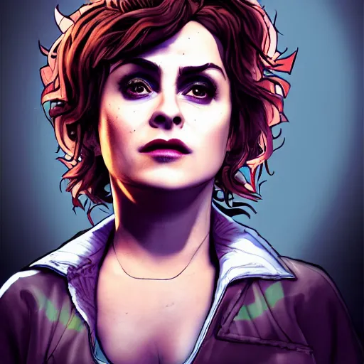 Image similar to helena bonham carter portrait, borderlands, tales from the borderlands, the wolf among us, comic, cinematic lighting, studio quality, 8 k