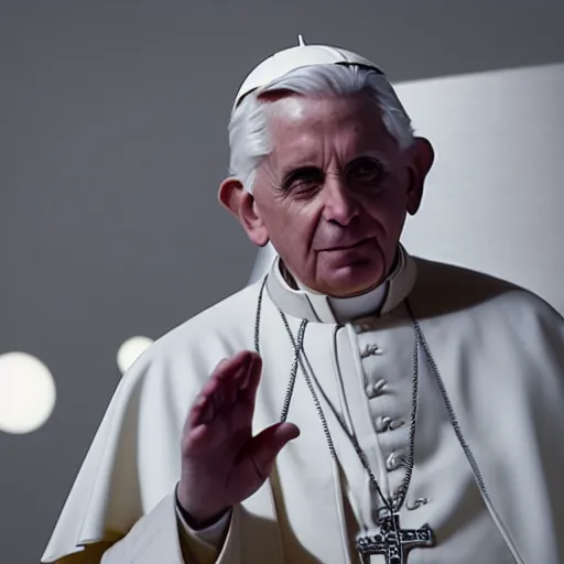 Prompt: pope benedict wearing sith cloak as chancelor palpatine in star wars episode 3, 8 k resolution, cinematic lighting, anatomically correct