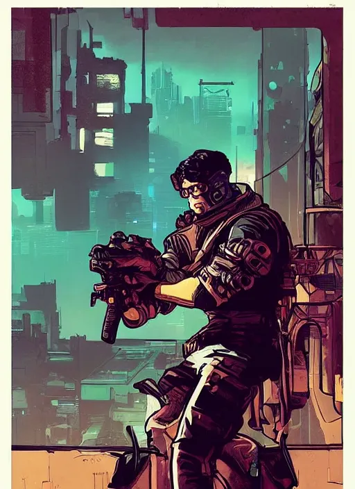 Image similar to hector. cyberpunk mercenary with scenic background. portrait illustration, pop art, splash painting, art by ashley wood, alphonse mucha, laurie greasley and josan gonzales. cinematic. beautiful lighting.