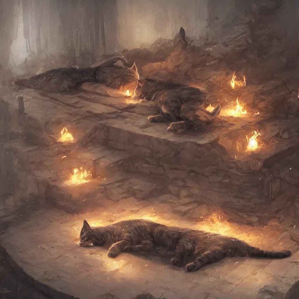 Prompt: cat laying on bed in under ground base, concept art, by greg rutkowski, fire