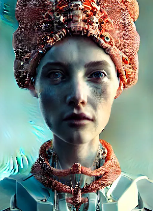 Image similar to portrait of an absurdly beautiful, graceful, sophisticated, fashionable cyberpunk mechanoid, hyperdetailed illustration by irakli nadar and alexandre ferra, intricate linework, white porcelain skin, faberge, fractal, coral headdress, unreal engine 5 highly rendered, global illumination, radiant light, detailed and intricate environment