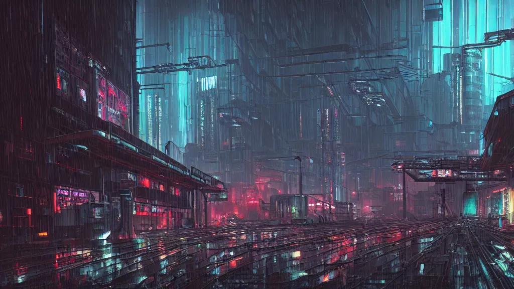 Image similar to cyberpunk industrial site. cyberpunk factories. cyberpunk city backdrop. night time. blade runner. rain. rail tracks. cyberpunk industrial area. digital render. digital painting. cyril roland. ross tran. trending on artstation