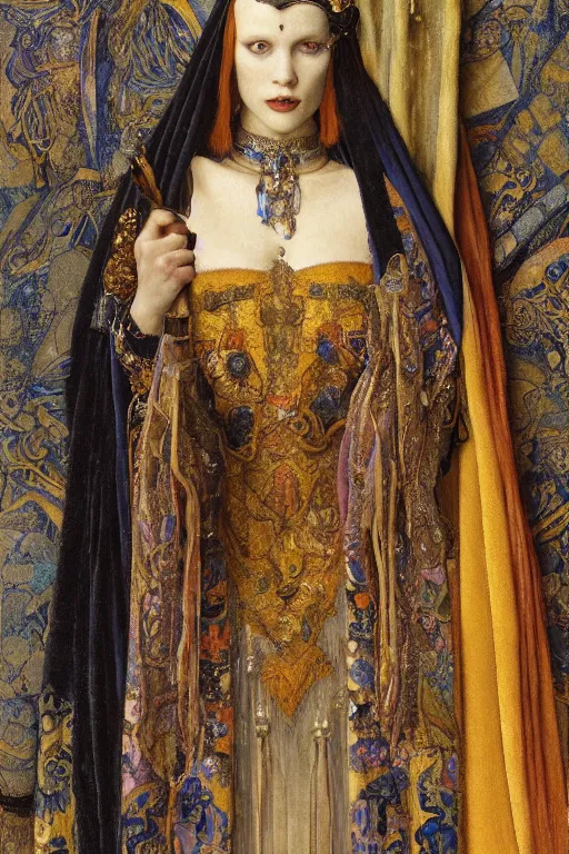 Image similar to portrait of the corvid queen by Donato Giancola and John Bauer and Vermeer, embroidered velvet, iridescent beetles, rich color, ornate headdress, flowing robes, sacred artifacts, lost civilizations,featured on Artstation, cgisociety, unreal engine, extremely detailed