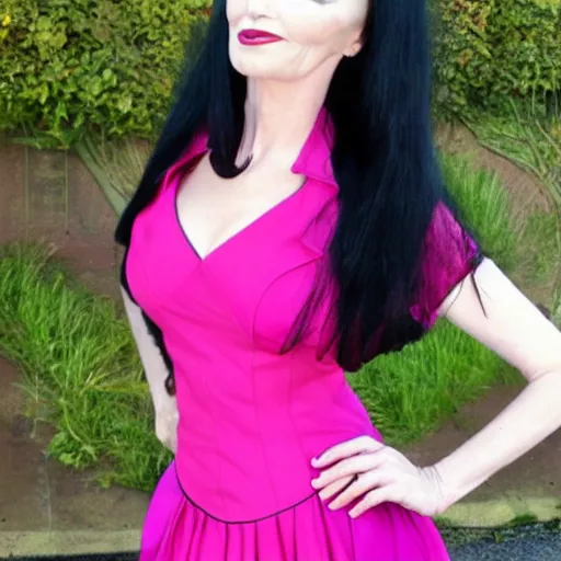 Image similar to morticia adams wearing a pink dress