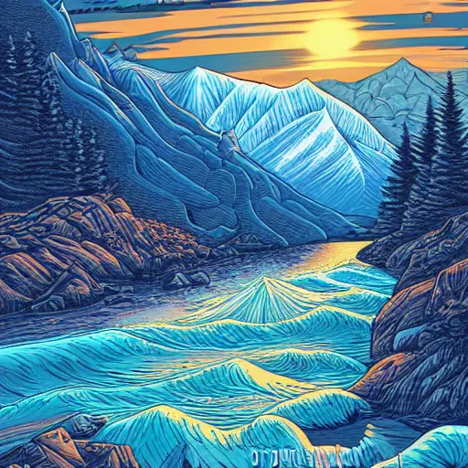 Prompt: Mountains and rivers by Dan Mumford