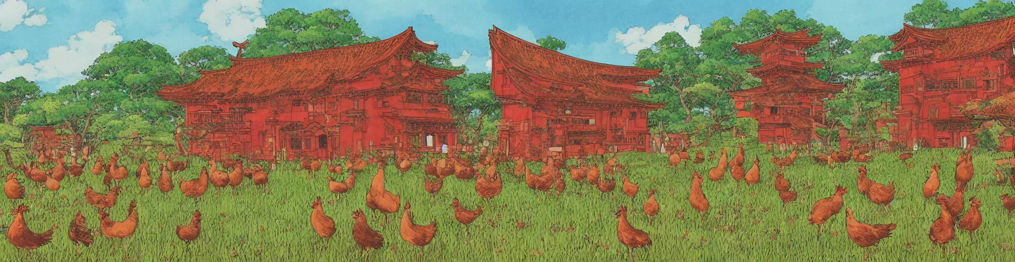 Image similar to big red and brown japanese fort in a meadow with chickens by studio ghibli painting