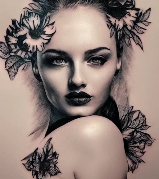 Image similar to tattoo design sketch of a beautiful woman face with a faded background of beautiful mountain nature on her side, hyper - realistic, double exposure effect, in the style of den yakovlev, amazing detail, black and white, faded