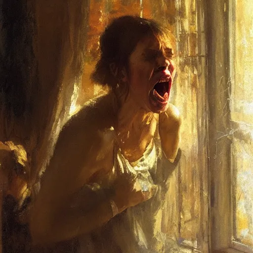 Image similar to portrait of a screaming person, in soft window light, golden hour, by jeremy mann, anders zorn.