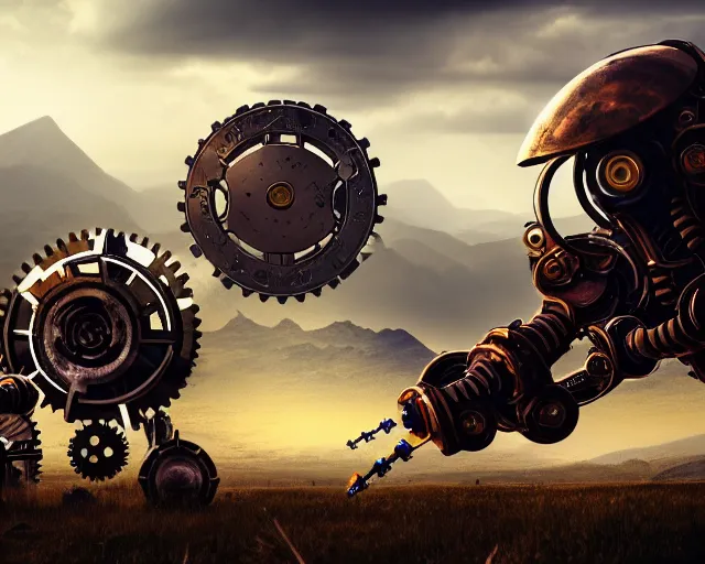 Image similar to two giand futuristic Sci-Fi robot fighting each other, landscape, steampunk, gears, close up, cloudy, mountains on background, peaceful day