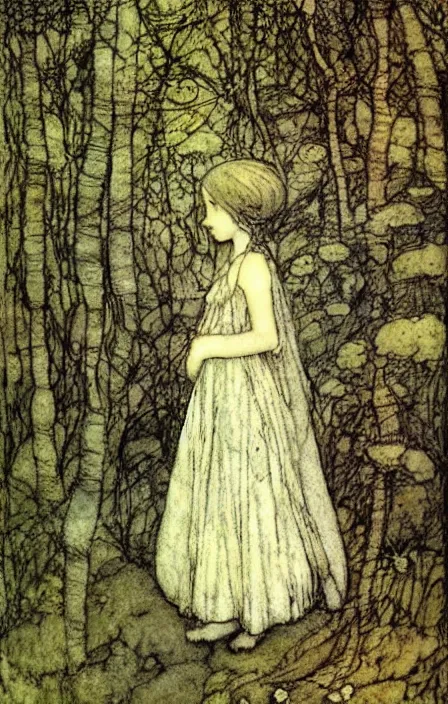 Image similar to little girl in the fairy woods by john bauer, arthur rackham