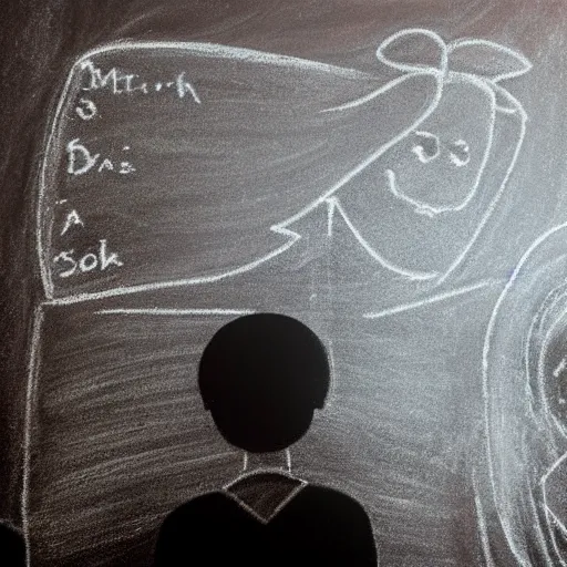 Prompt: silhouette of among us character in school lunchroom, chalkboard