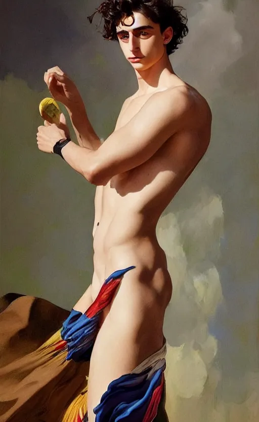 Image similar to Timothee Chalamet, the most beautiful androgynous man in the world, intense painting, sunny day at beach, tropical island, +++ super supper supper dynamic pose,  digital art, j.c. leyendecker
